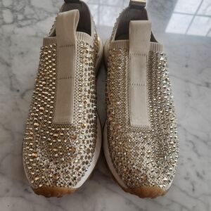 Michael Kors Cream Slip-On Sneakers with Gold Rhinestones